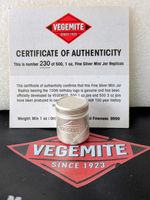 Vegemite Mini Jar 1oz Fine Silver  Mintage NO 230 OF 500 MANUFACTURED