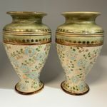 Pair Antique Royal Doulton Lambeth Vases 9" - Slaters Patent Robert Allen RA7587