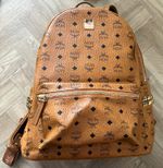 MCM Brown Leather Logo Print Backpack Daypack Designer, Extra Compartments