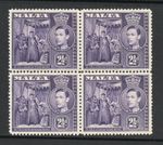 Malta 1938-43 2½d Dull violet in block of four SG 222a Mnh.