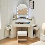 White Mirred Corner Dressing Table with Led  Lights Makeup Desk Vanity Set