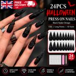 24PCS Halloween Black Snake Press On Nails Y2K Long Pointy 3D Fake Nails