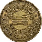 1881 Liverpool gilt brass farthing token Shaw Bros ironmongers high grade W 2272