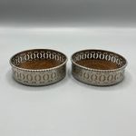 Pair Vintage Silver Plate Wine Bottle Coasters Holders Stands Wood Bases Pierced