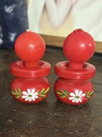 Lot 2 Unused Vintage Swedish Red Wooden Candle Holder White Flower Folk Art