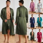 UK Men Long Satin Pajamas Bathrobe Robe Dressing Gown Pjs Loungewear 2-piece Set