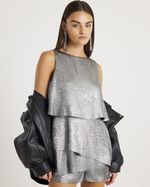 River Island Womens Playsuit Silver Metallic Frill Sleeveless Zip Outfit