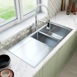 Stainless Steel Kitchen Sink 1.5 Bowl LH Drainer Modern Inset Strainer Waste