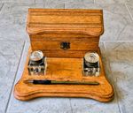 19th Century Victorian English Desktop Stationery Box with 2 glass inkwells.