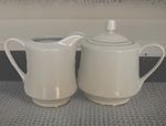 DYNASTY Creamer Sugar Bowl Lid Silver Trim Fine China Glossy Lacey Floral White