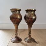 Vintage Kashmiri Niello Brass Vases Etched Brass Trumpet Floral Pair