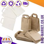 Paper SOS Carrier Bags with Flat Handles Brown White for Takeaway, Lunch, Party