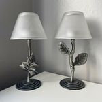 Set of 2 1991 Metal Leaf Tea Light Holders, With Frosted Glass Shades