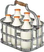 Galvanised Milk Bottle Holder 6 Carrier Rack Wooden Handle Retro Drinks Caddy