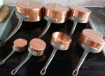 Vintage French Set Of 7 Copper Pans With Riveted  Handles