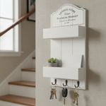 Large White Wall Mounted Letter/Mail 2 Rack Entryway Kitchen 3 Car Key Holder