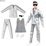 Silver Leather Fashion Outfits For Ken Boy Doll Clothes Jacket Vest Pants Shoes