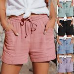 Ladies Linen Cotton Elastic Waist Drawstrings Loose Pockets Shorts Pants Size