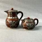 Antique Set of 2 Chinese Red Yixing Clay & Pewter Teapots
