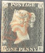 GB QV Stamp 1840 SG2 1d black, plate 2 "DH", 4 margins, red MX, SG RRP £425