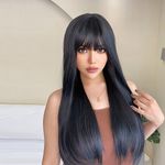 28 Inch Womens Black Wig with Bangs Layered Hair Medium Long Straight Wigs