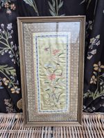 Vintage Framed Chinese Silk Embroidery Floral Panel with Butterflys and Flowers