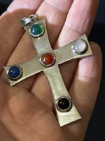 Vintage 925 Sterling Silver Modernist Cross with Multi-Gemstone Large Pendant