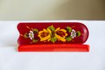 Hand painted Canal ware Traditional Case and Comb Red (leather?)