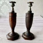 Pair Of Large Antique Turned Oak Candlesticks With Silver Plated Sconces