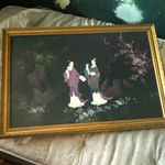 Vintage Asian Oil Painting on Canvas Two Women in Garden Chinoiserie Framed