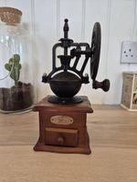 Vintage Manual Coffee Grinder With Wooden Base Cast Iron Grinding Mechanism
