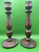 Pair Vintage Turned Wooden Candlesticks Candle Holders Dark Wood 10in