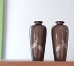 A Pair of Japanese inlaid Bronze Tapering Vases - Meiji Period Late 19C