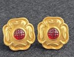 Vintage High End Designer Gold Tone Red Glass Waffle Texture Cabochon Cufflinks