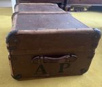 Fabulous Antique Steamer Travelling Trunk With Wooden Banding & Leather Handles
