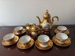 Vintage Gold Porcelain Tea Set with Teapot Cups Saucers and Sugar Bowl