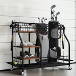 UNHO Golf Storage Garage Organizer 2 Golf Bag Stand Holder Club Rack Ball Cart