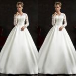 Elegant Wedding Dresses Long Lace Appliques Satin A Line Sweep Train Bridal Gown