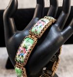 Vintage Art Deco French Enamel Flower Silver Link Bracelet