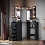 Corner Dressing Table Makeup Desk with LED Lights 3 Angle Mirror 5 Drawers Black