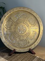 Vintage Large Heavy Engraved Brass Copper Plate Wall Hanging Platter Calligraphy