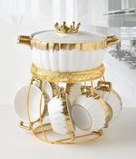 9pc Ceramic Soup Tureen Bowl Gift Set with Stand, Ramen Pasta Gravy, White Gold