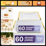 Elegant White Square Plastic Plates with Gold Rim - 60 Dinner & 60 Dessert - Reu