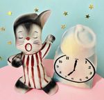 Vintage PY Enesco Easter Bunny Rabbit Clock Salt and Pepper Shakers Japan MCM