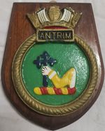 HMS Antrim - Ship Crest Plaque, Hand-Painted Metal, Solid Mahogany Mount, 589g