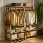 Wooden Bamboo Clothes Rail With 2 Shelves
