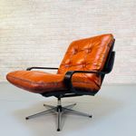 Vintage Danish Cognac Tan Leather Swivel Armchair Black Beech Frame