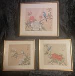 Chinese Gongbi Hand Painted Watercolour Bird & Blossom Silk Gold Gilt Framed x 3