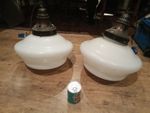 x 2 Art Deco Opaline milk glass school house / chapel Pendant Ceiling Lights