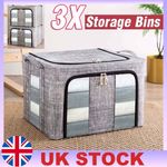 3PCS 66L Folding Storage Box Made of Steel Frame Stackable Wardrobe Organizer